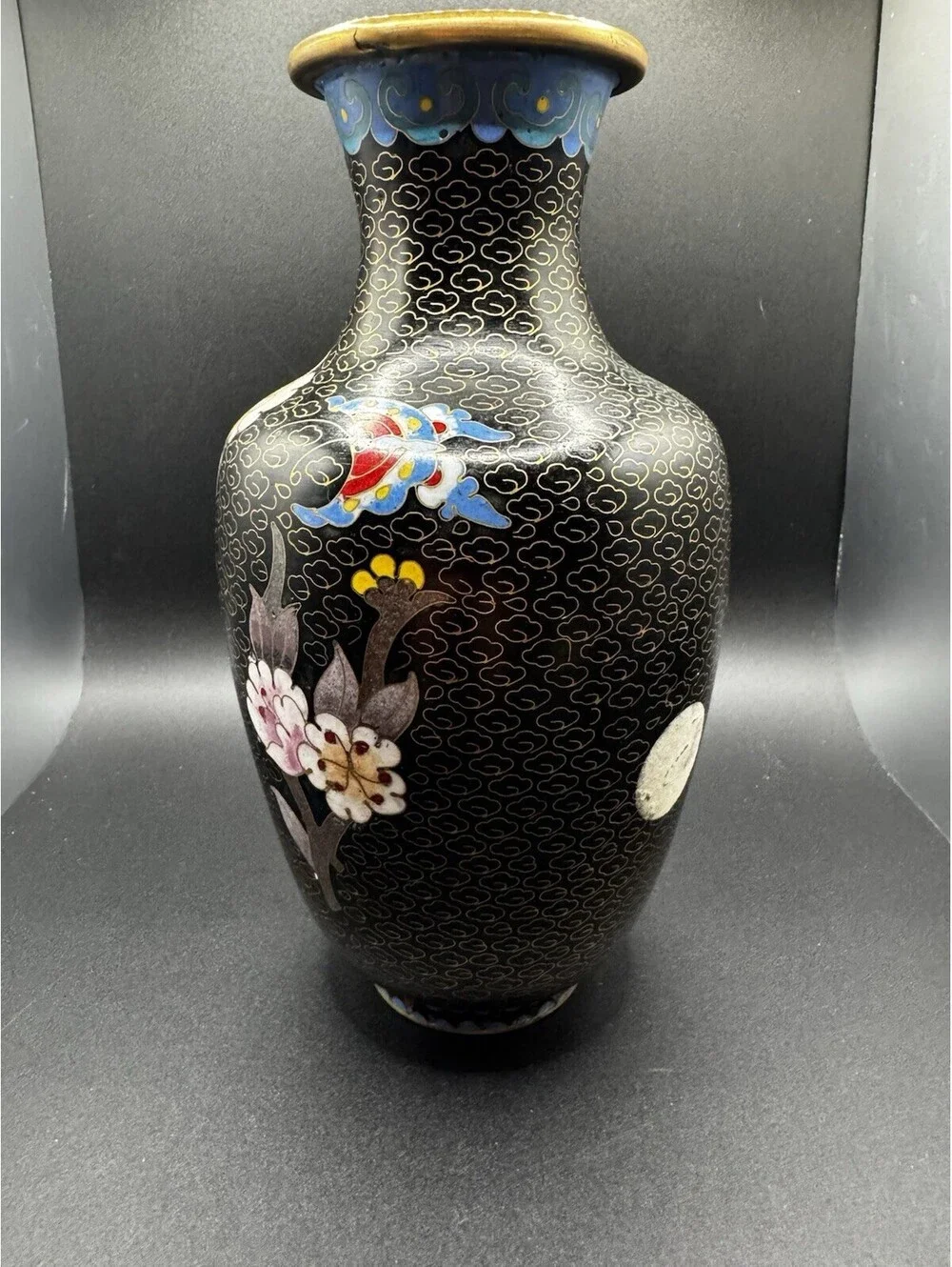 Vintage Brass And Cloisonne Vase China - 8” Flowers Butterfly - Pink & Yellow